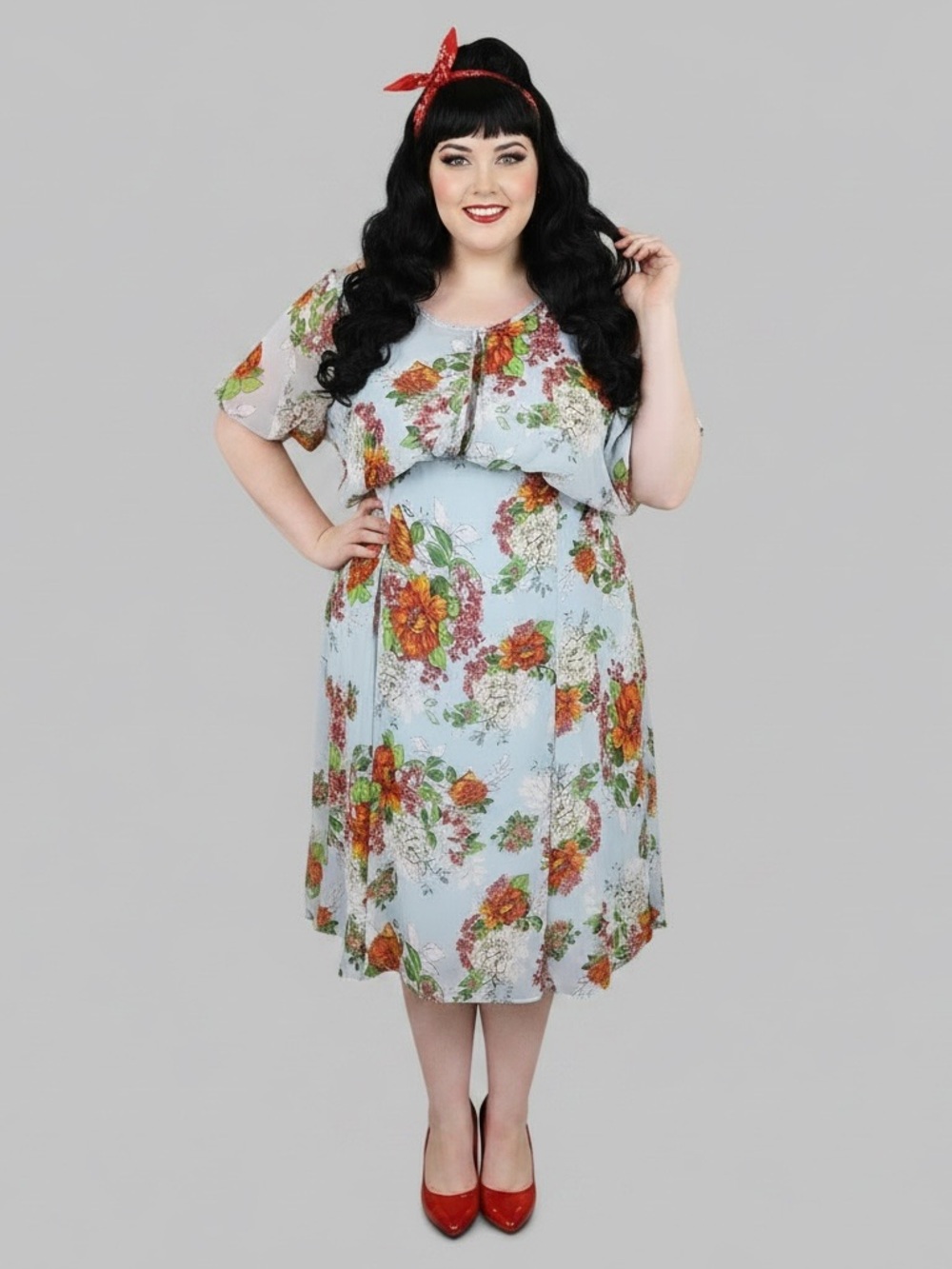 Hell Bunny Vixen Light Blue Chiffon Midi Dress with Red, Green & Orange Flowers